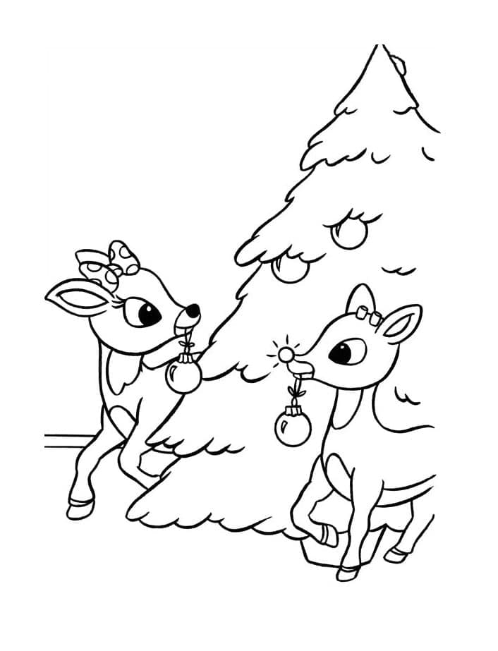 Rudolph And Christmas Tree For Kids Coloring Page