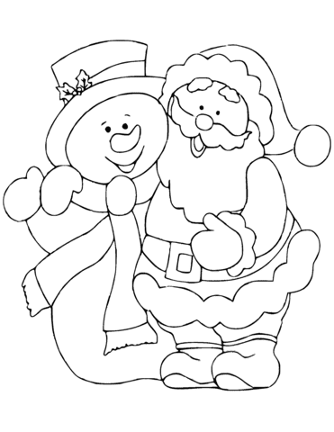 Santa Claus With Snowman Image For Kids Coloring Page