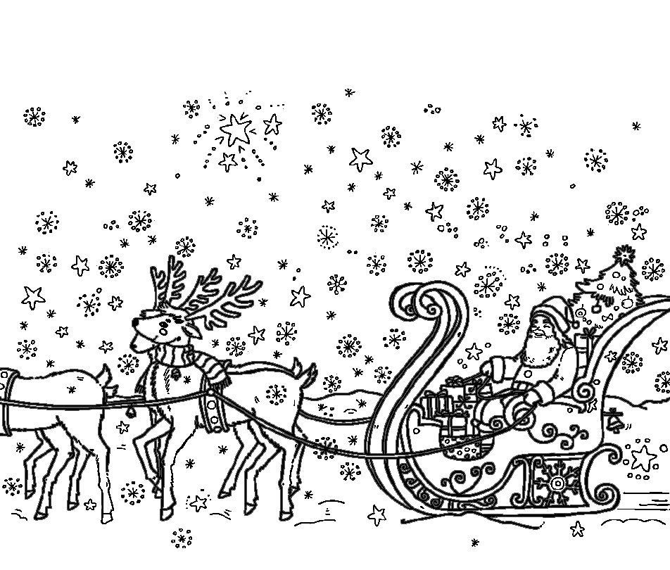 Santa Sleigh And Reindeer For Children Coloring Page