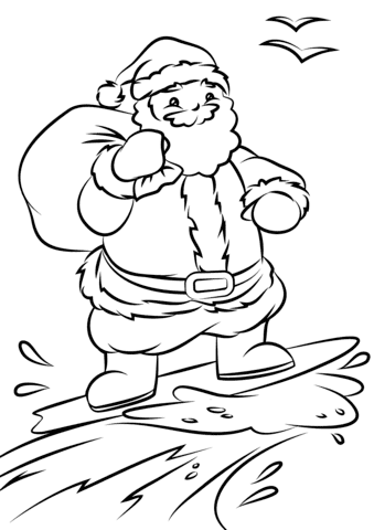 Santa Surfing Free Printable Coloring Page