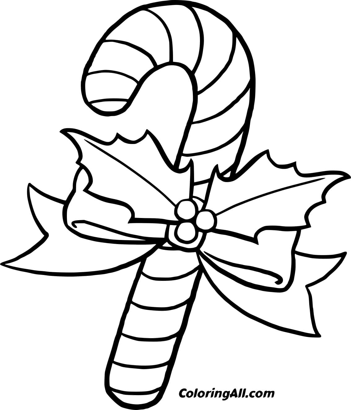 Simple Tilted Candy Cane With Leafs Coloring Page