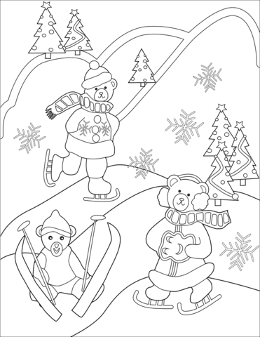 Skating And Skiing Bears For Kids Coloring Page