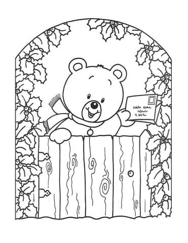 Teddy Bear with Christmas Greeting Card Image For Kids Coloring Page