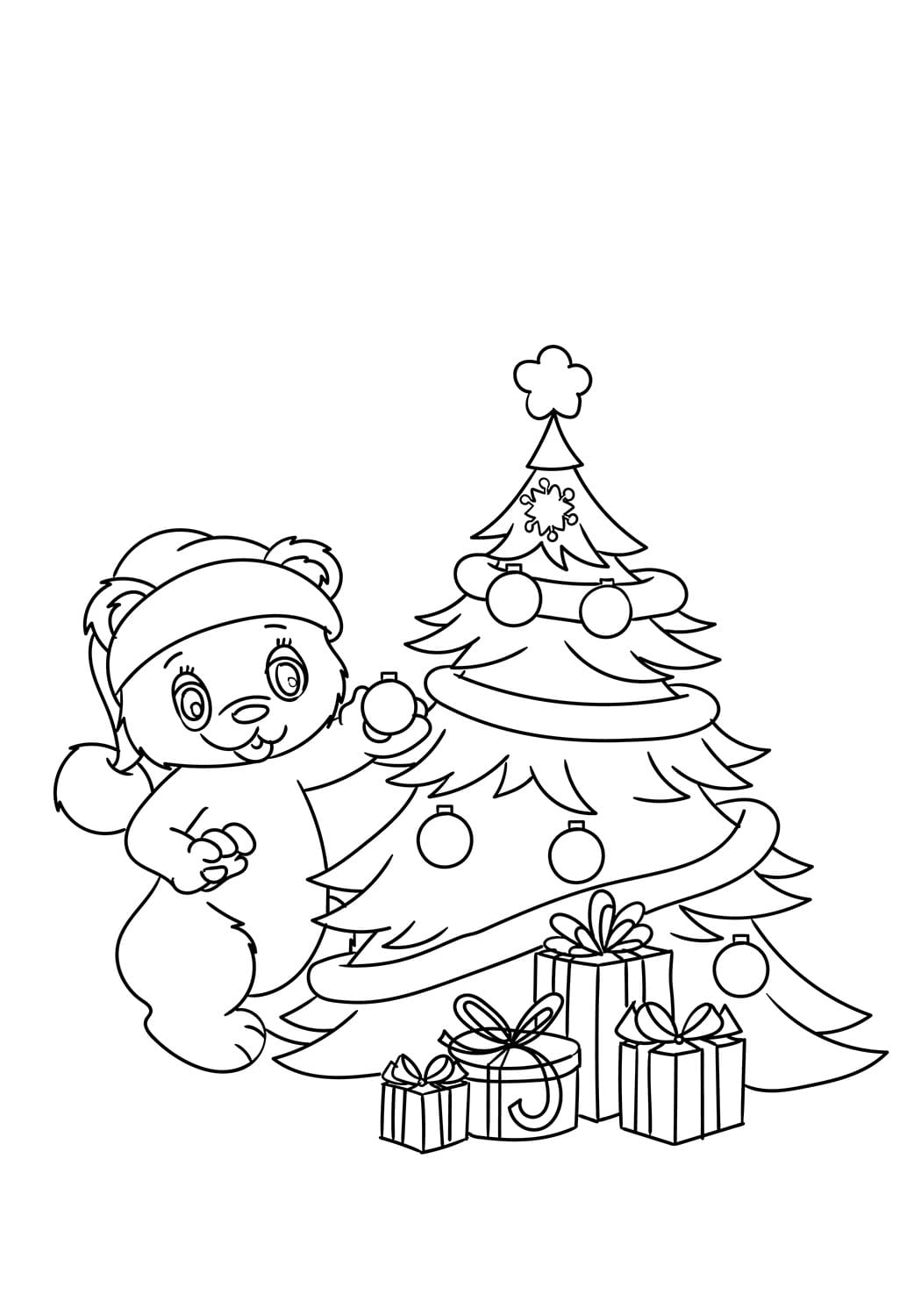 Teddy Decorating Christmas Tree Image For Kids Coloring Page