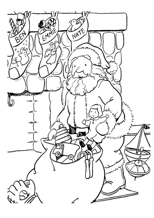 The Santa And Stocking For Kids Coloring Page