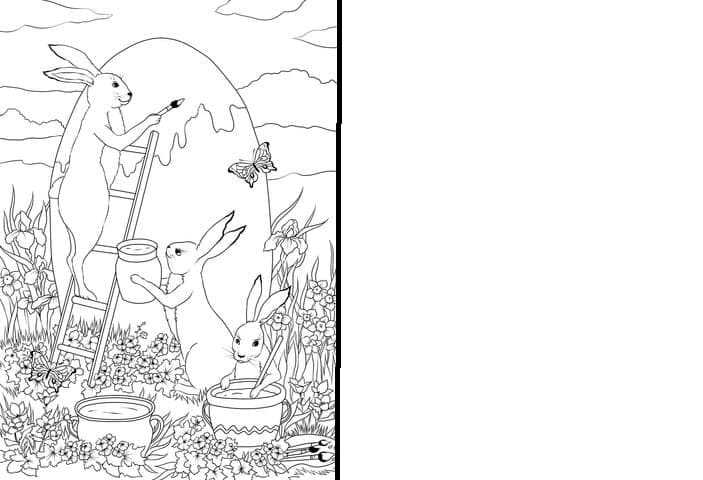 Three Easter Bunnies Are Painting A Huge Easter Egg Card Printable Coloring Page