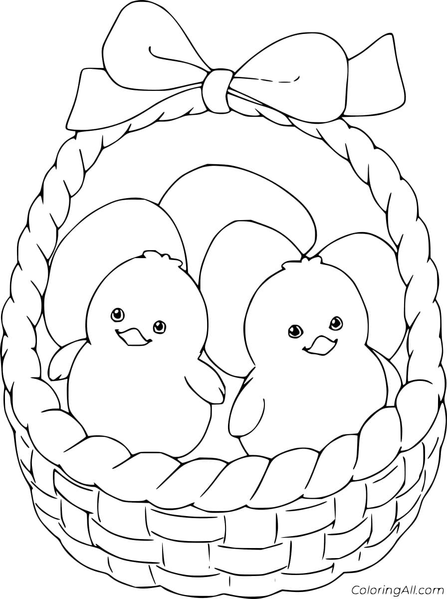 Two Chicks And Four Eggs In The Basket For Children Coloring Page