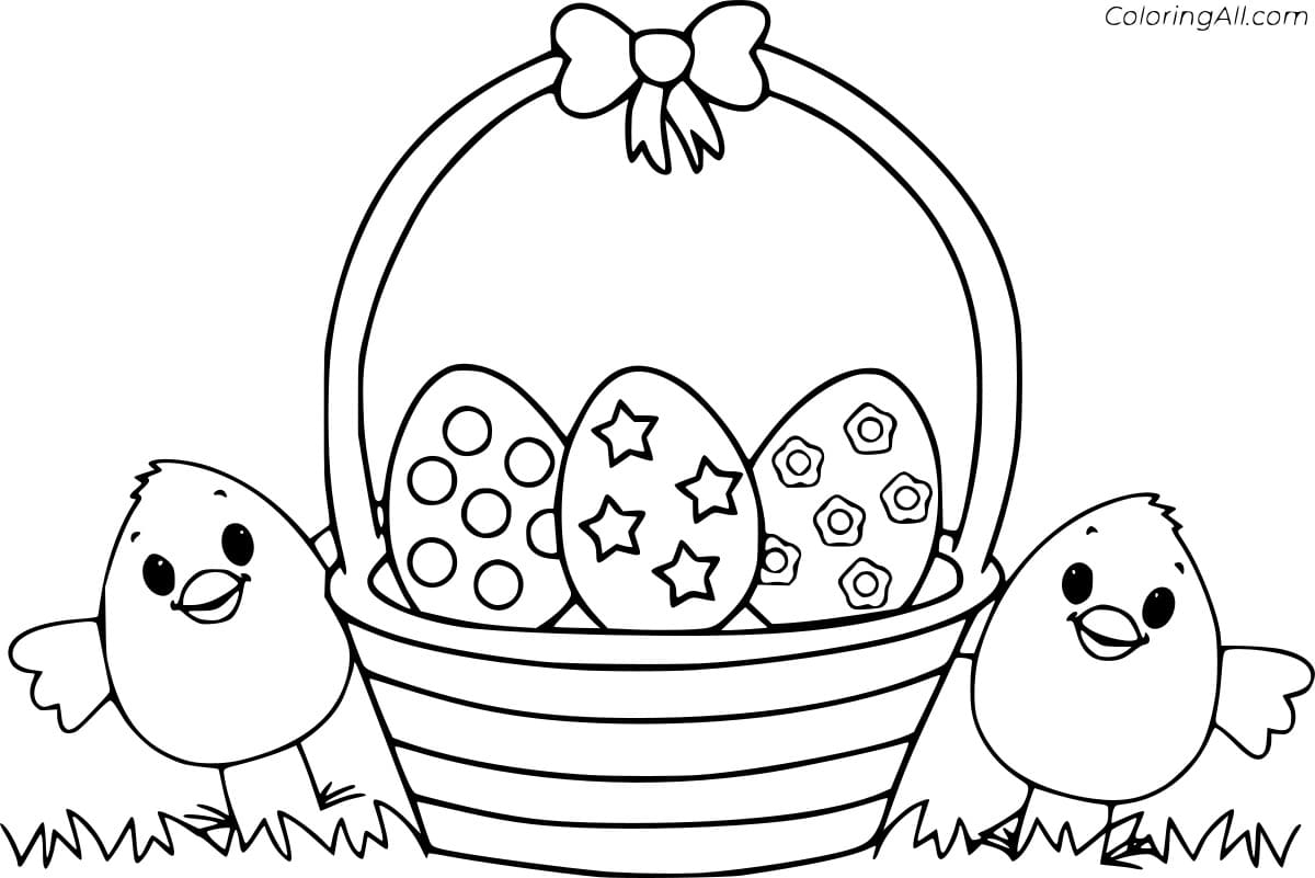 Two Easter Chicks And A Basket Of Eggs Image For Kids Coloring Page