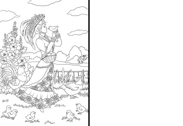 Victorian Lady And A Chicken In The Countryside Card Image For Kids Coloring Page