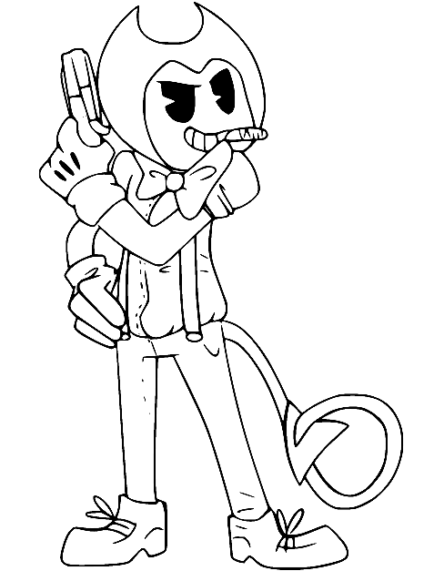 Bendy Holds A Gun Coloring Page