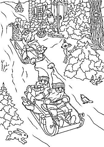 Christmas Gnomes are Delivering Presents on Sleds Coloring Page
