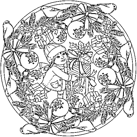 Christmas Mandala With Little Girl Coloring Page