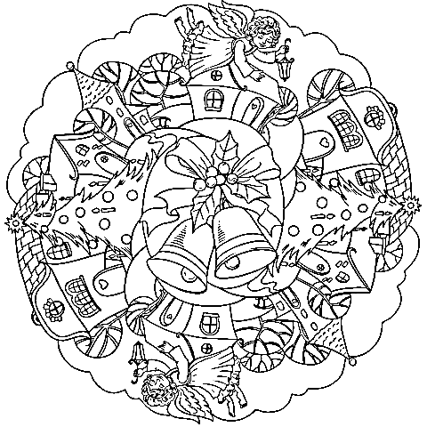 Christmas Mandala With Bell And Angel In Town Coloring Page
