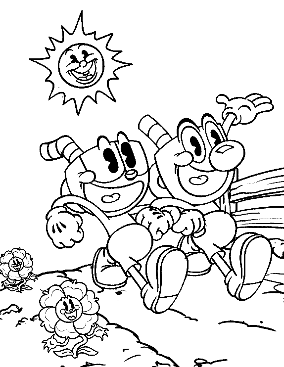 Cuphead And Mugman Running Coloring Page