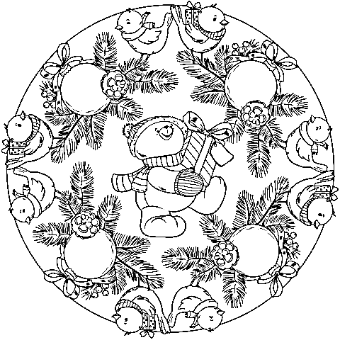 Mandala With Birds, Christmas Ornament And Teddy Bear Holding a Present Coloring Page