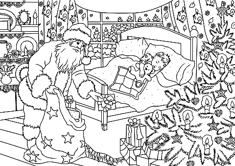 Santa Claus Is Delivering Presents Under The Christmas Tree Coloring Page