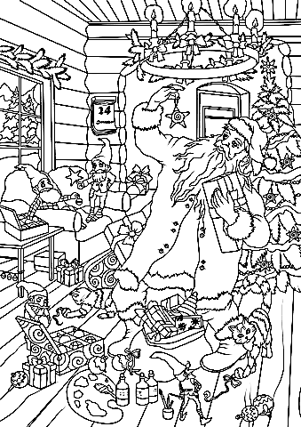 Santa Claus With Christmas Elves Coloring Page
