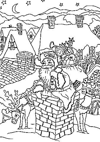 Santa Claus With Presents Is Entering The House Via The Chimney Coloring Page