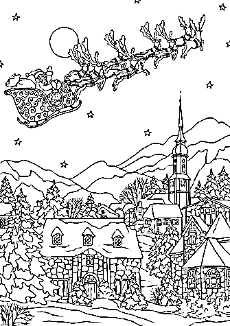 Santa Flies Away Over Christmas Village Coloring Page