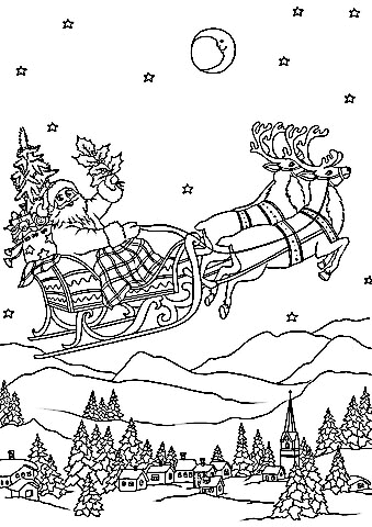 Santa Flying In His Sleigh Pulled Coloring Page