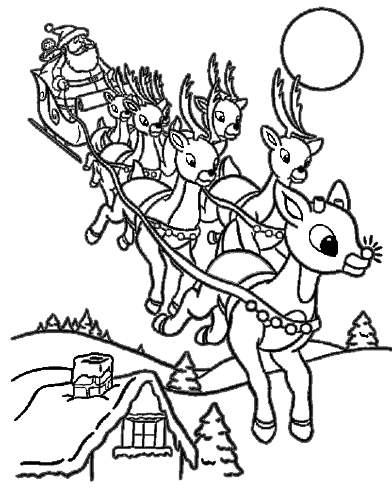 Santa Reindeer Sleigh Image For Kids Coloring Page