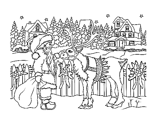 Vintage Santa Claus With His Christmas Deer Coloring Page